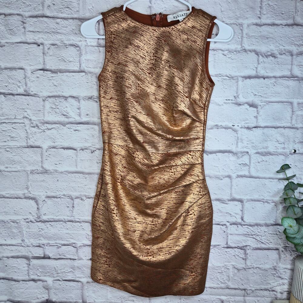 ELLIATT Rhian Metallic Ruched Mini Dress Homecoming Bodycon XS Cocktail Bronze - Picture 2 of 10